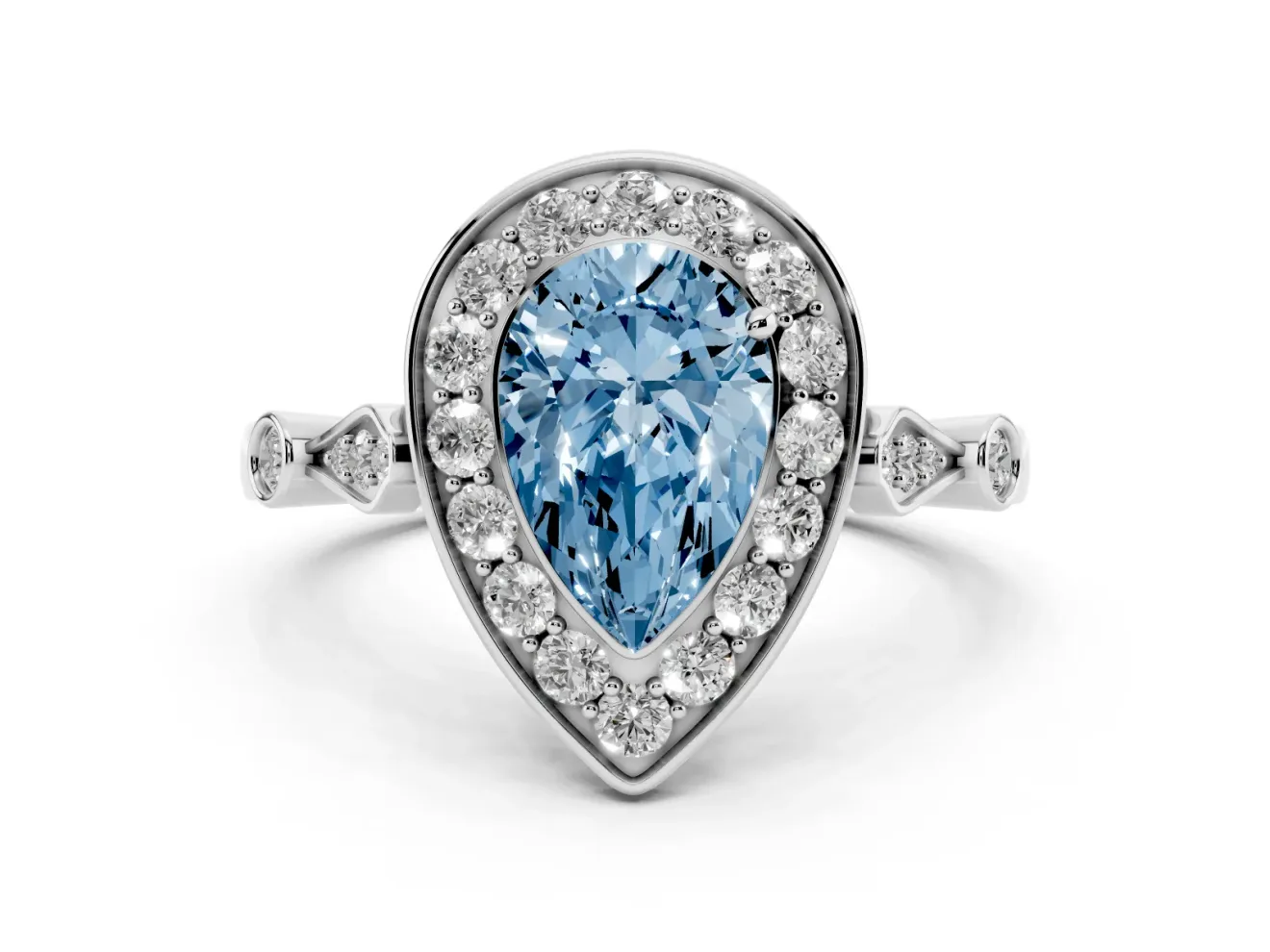 Fancy Blue Pear Cut Diamond Halo Engagement Ring Set in Silver with Twisted Band and Prong Setting