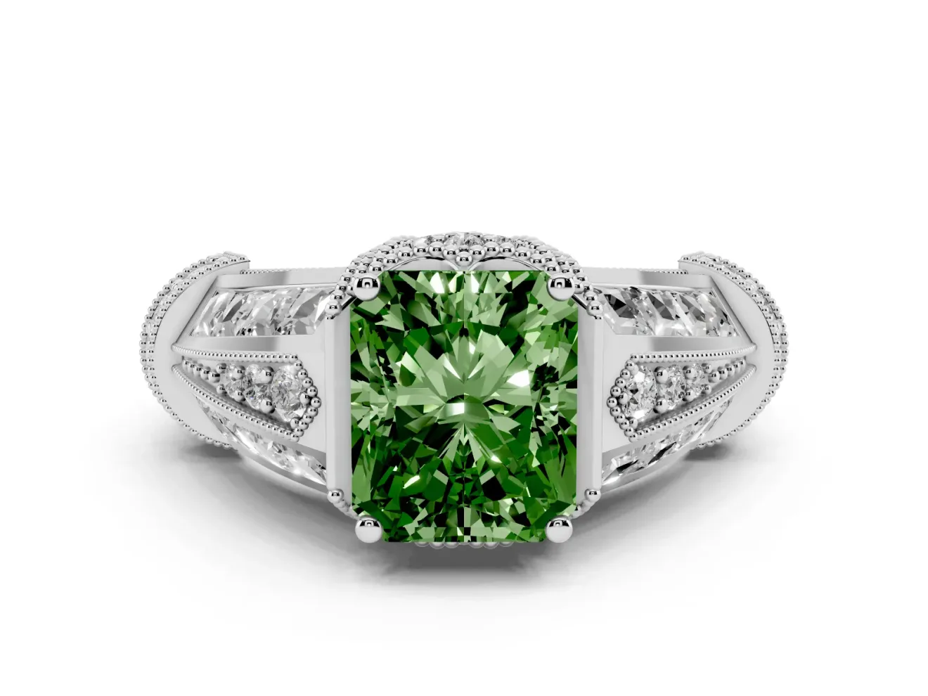 Fancy Green Radiant Cut Diamond Vintage-Inspired Milgrain Ring Set in White gold with Accent Split Shank