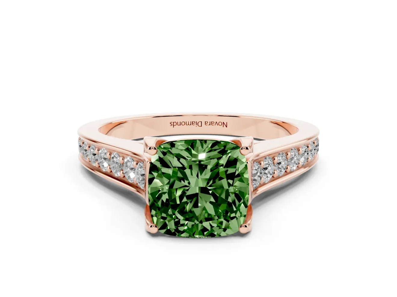 Fancy Green Cushion Cut Diamond Solitaire Pavé Engagement Ring Set in Rose gold with Prong Setting
