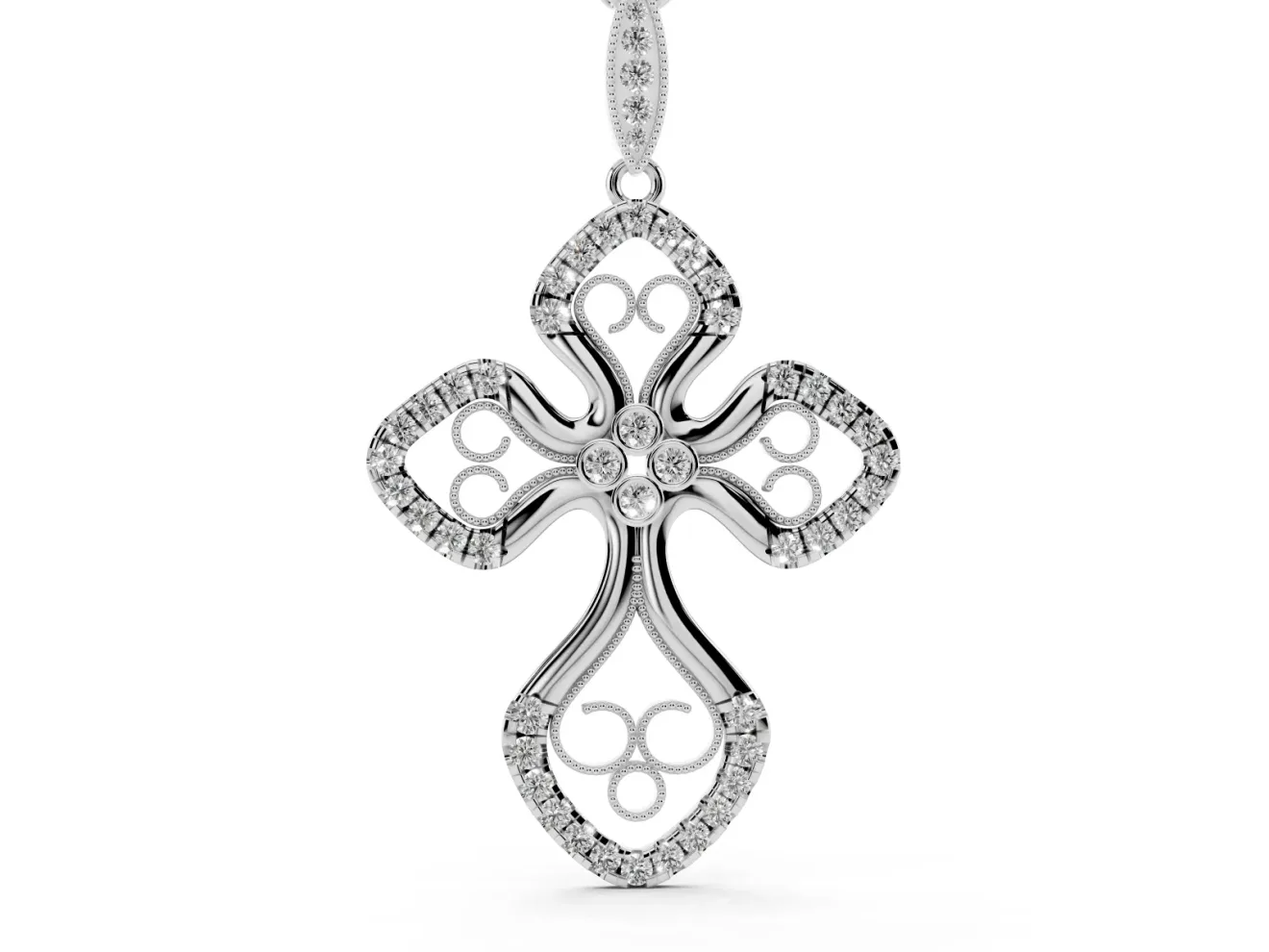 Round Lab-Grown Diamond Graduated Filigree Cross Pendant Necklace | Milgrain Edges | White Gold