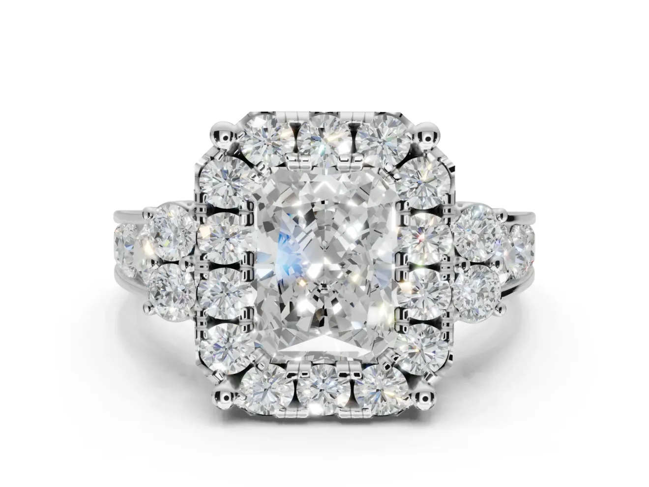 Radiant Cut Halo Side Cluster Engagement Ring Setting | Graduated Channel Band | Sterling Silver