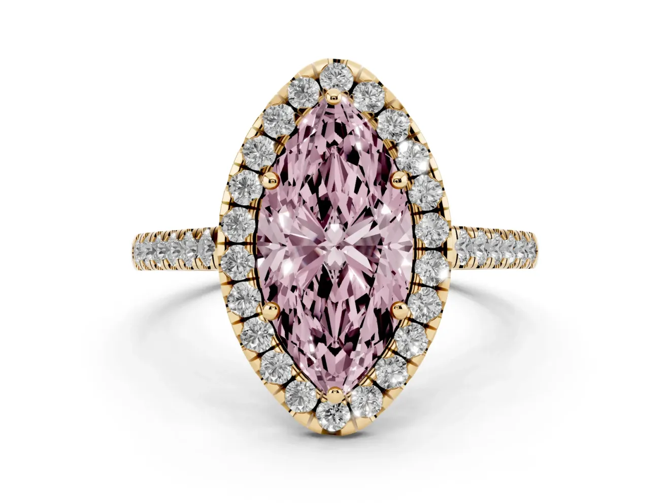 Marquise Halo Engagement Ring Setting for a Fancy Pink Lab-Grown Diamond | Pave Shoulders | Yellow Gold