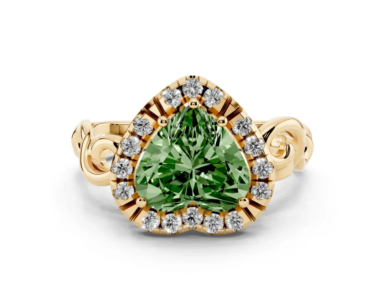 Heart-Shaped Filigree Halo Engagement Ring Setting for a Fancy Green Lab-Grown Diamond | Yellow Gold