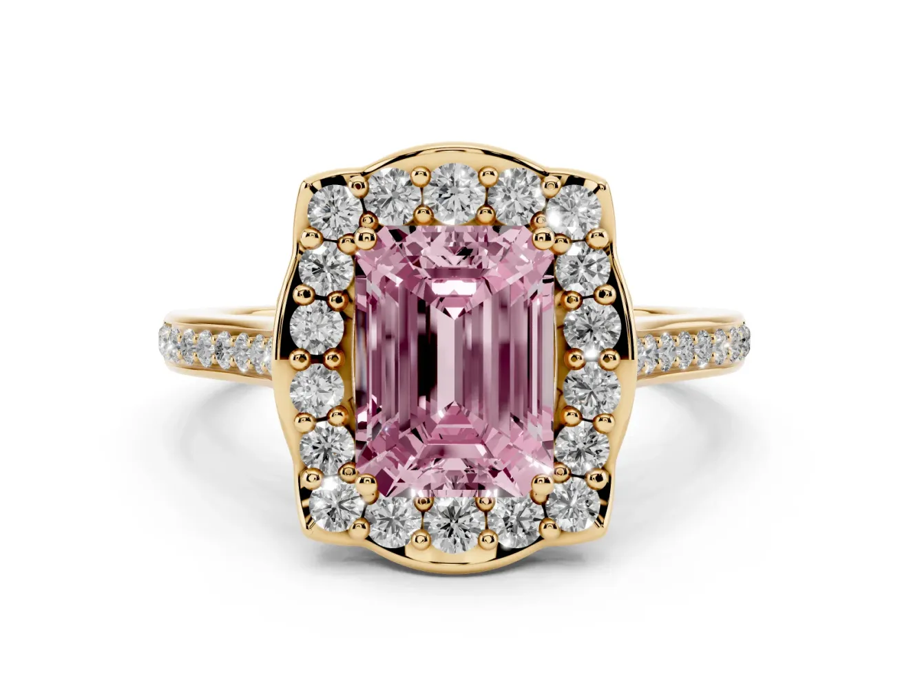 Emerald Cut Petal Tip Halo Engagement Ring Setting for a Fancy Pink Lab-Grown Diamond | Pavé Band | Yellow Gold