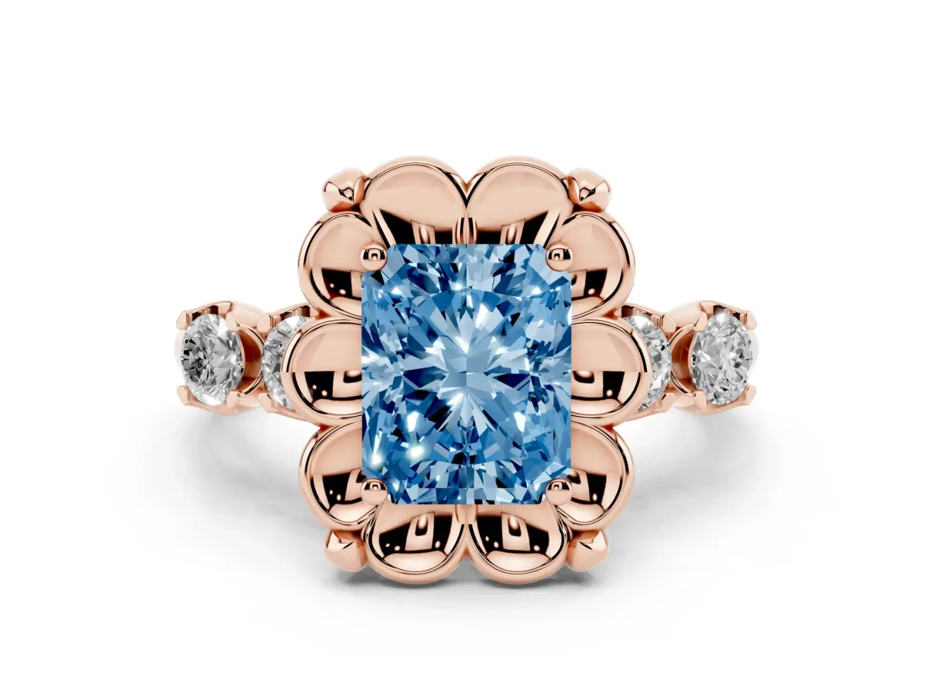 Fancy Blue Radiant Cut Diamond Floral Halo Ring Set in Rose gold with Shared Prong Band