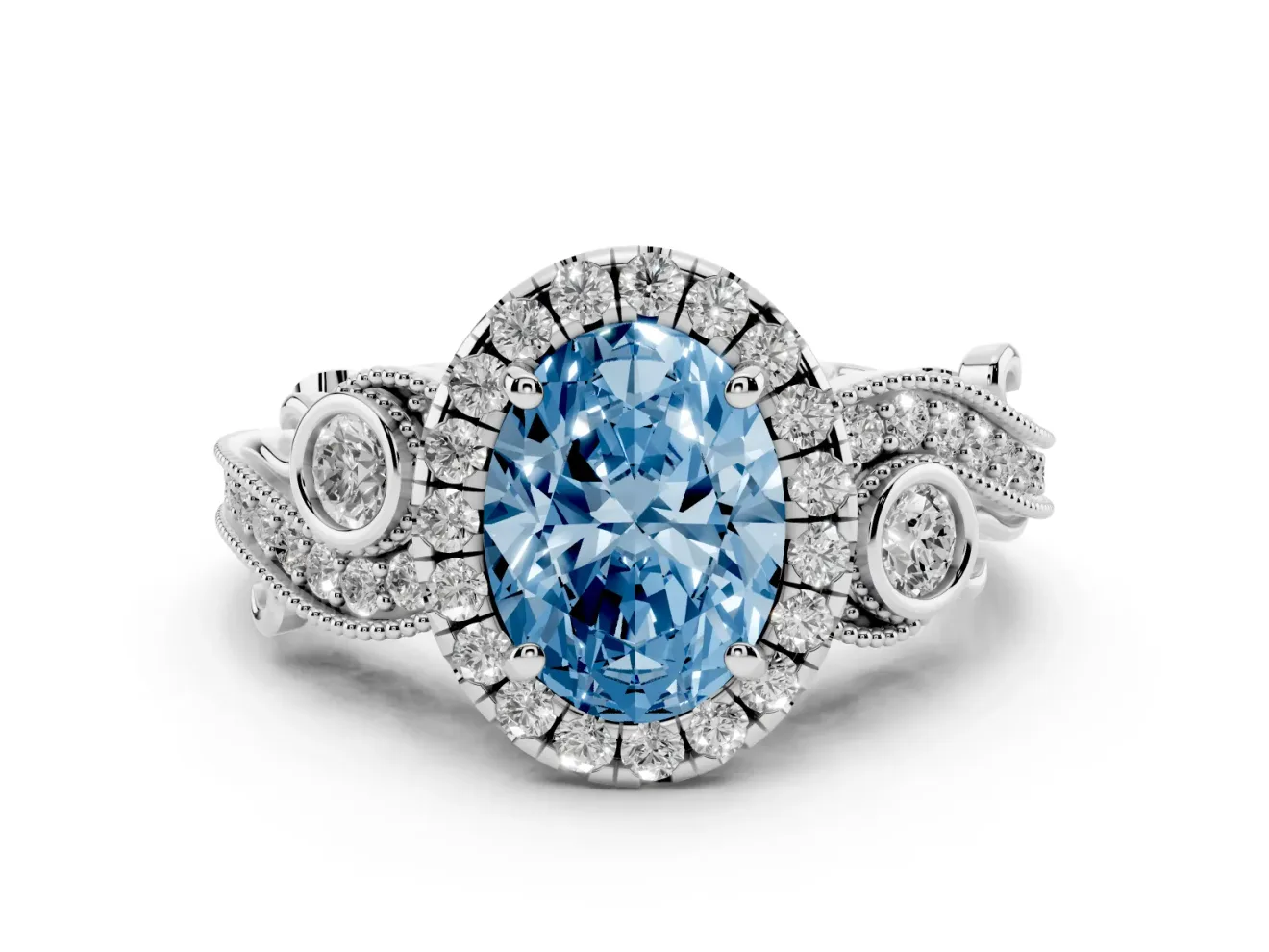 Fancy Blue Oval Cut Diamond Halo Ring Set in White gold with Milgrain Pavé Band and Prong Setting