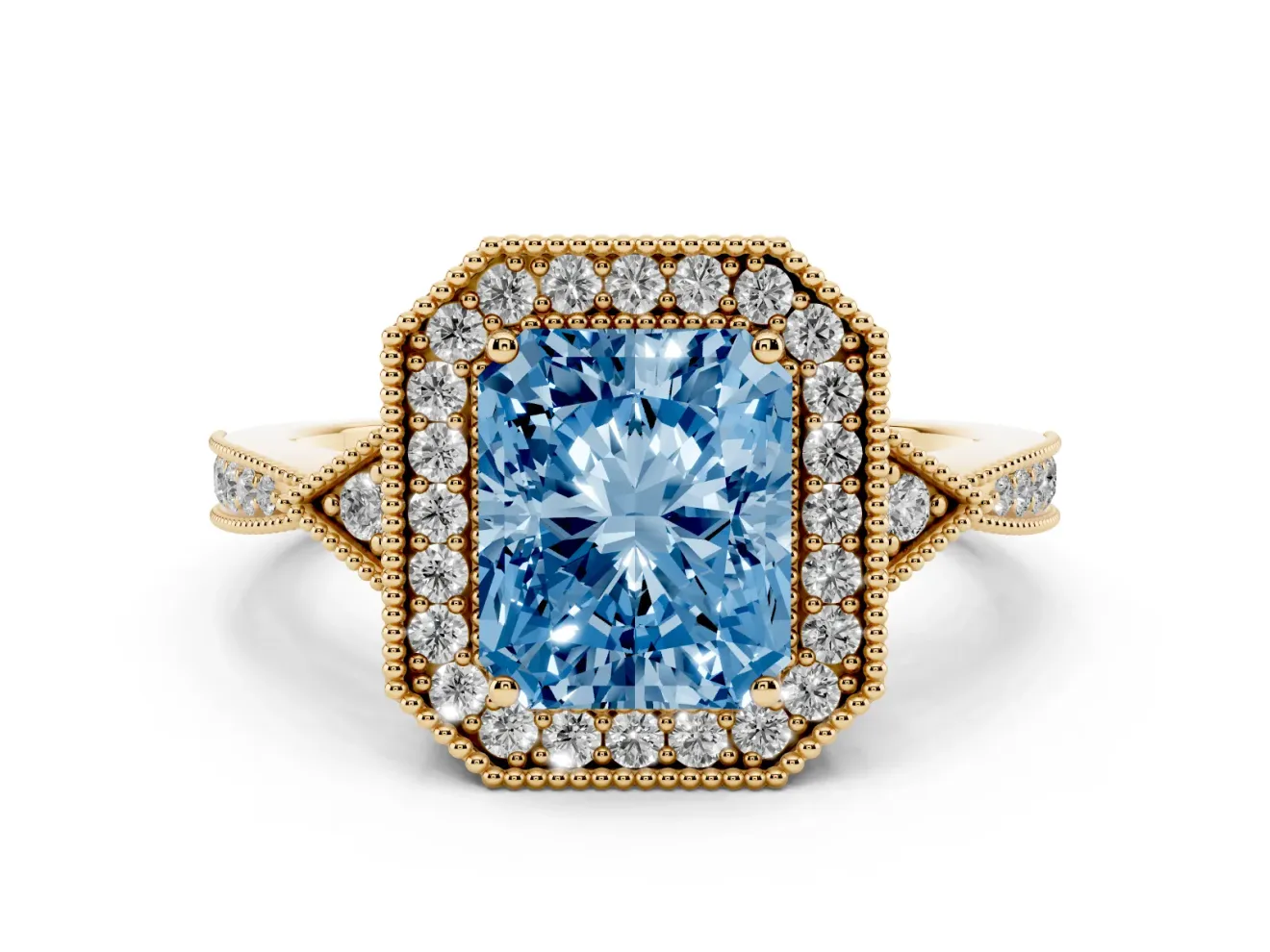 Fancy Blue Radiant Cut Diamond Halo Engagement Ring Set in Yellow gold with Milgrain Pavé Band