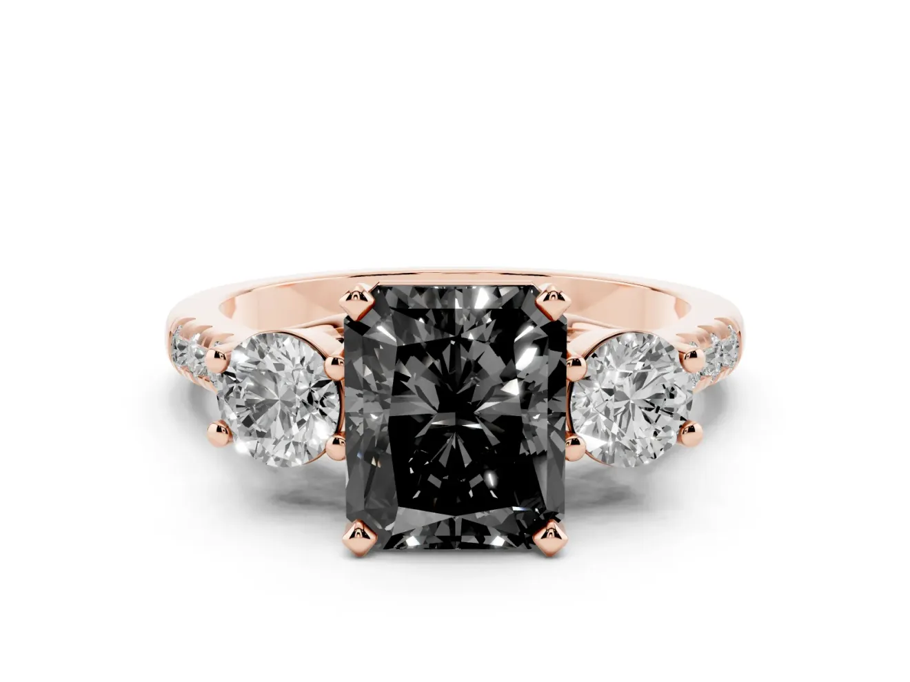 Radiant Cut Three-Stone Engagement Ring Setting for a Black Center | Pavé Shoulders | Rose Gold