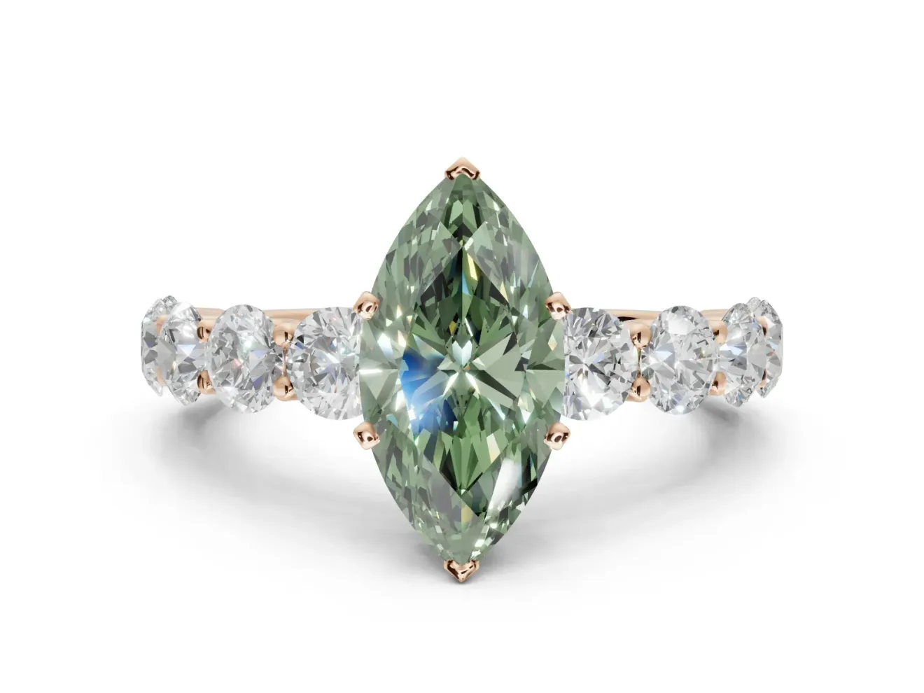 Marquise Side Stone Engagement Ring Setting for a Fancy Green Lab-Grown Diamond | Scalloped Prong Accents | Rose Gold
