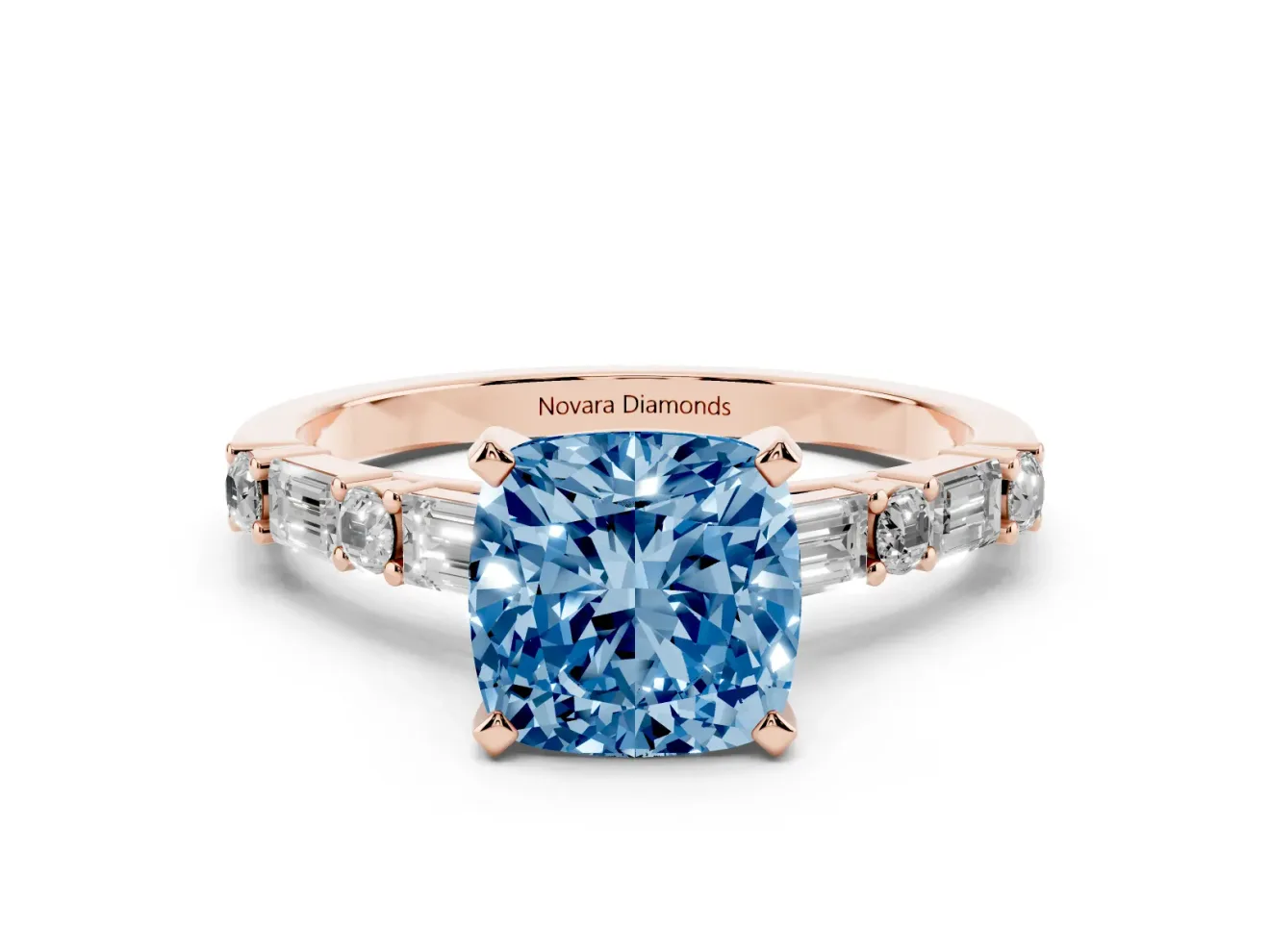 Fancy Blue Cushion Cut Diamond Solitaire Set in Rose gold with Side Baguettes and Channel Set Band
