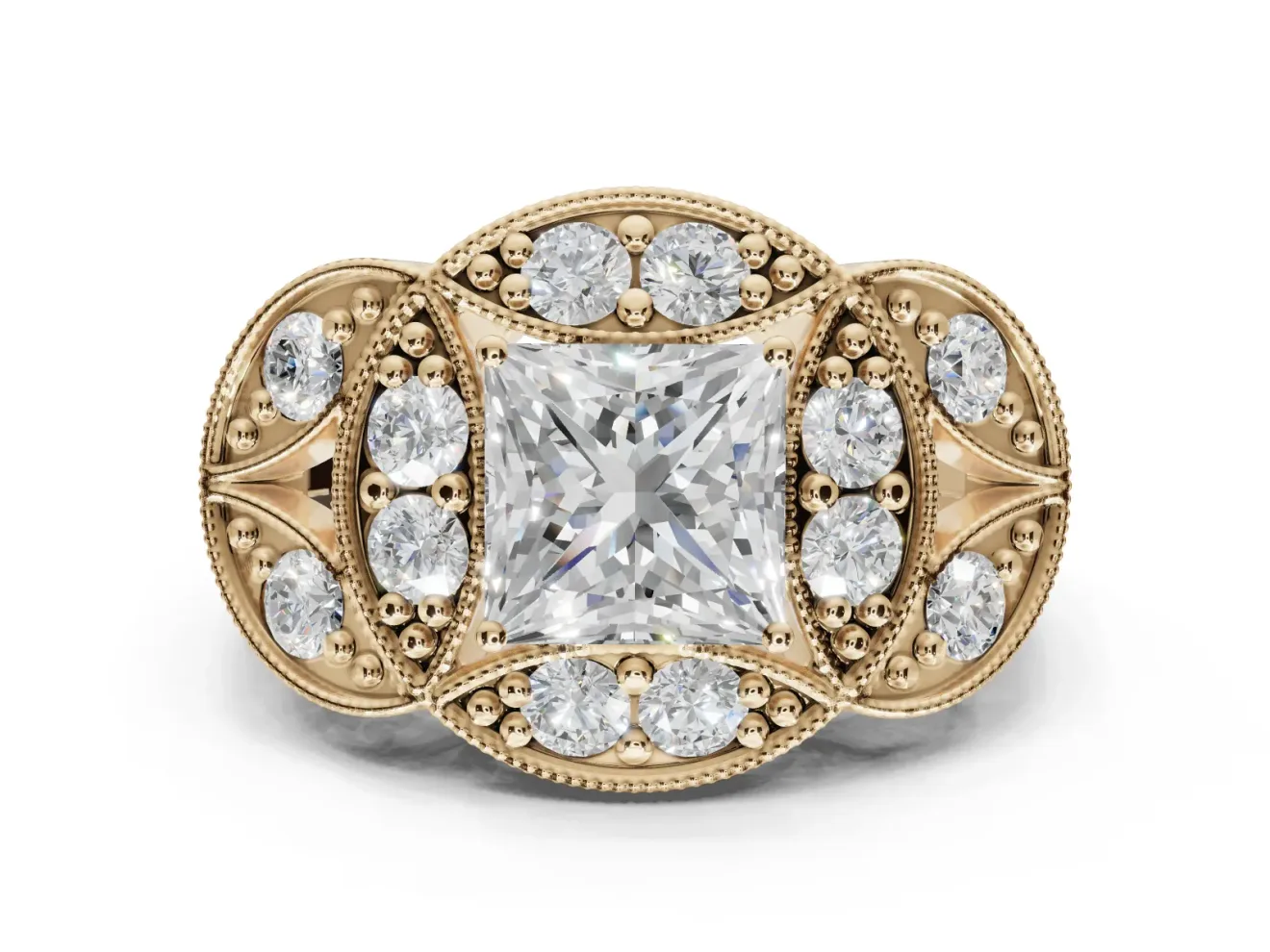Princess Cut Vintage Floral Halo Engagement Ring Setting | Engraved Milgrain Band | Yellow Gold