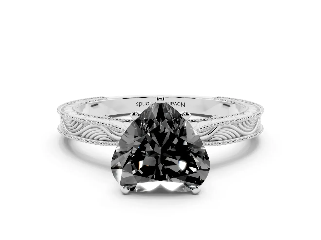 Heart-Shaped Engraved Solitaire Engagement Ring Setting for a Black Center | Sterling Silver