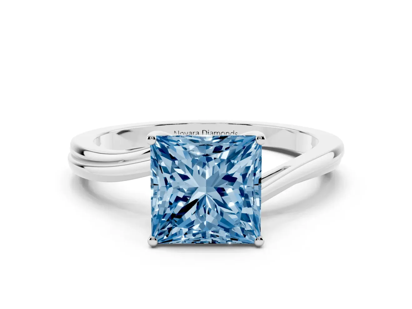Fancy Blue Princess Cut Diamond Solitaire Twist Band Ring Set in Silver with Prong Setting