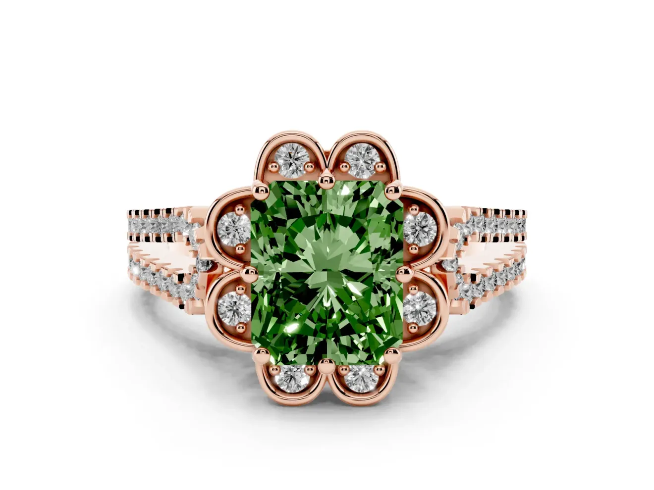 Radiant Cut Floral Halo Engagement Ring Setting for a Fancy Green Lab-Grown Diamond | Pavé Split Shank | Rose Gold