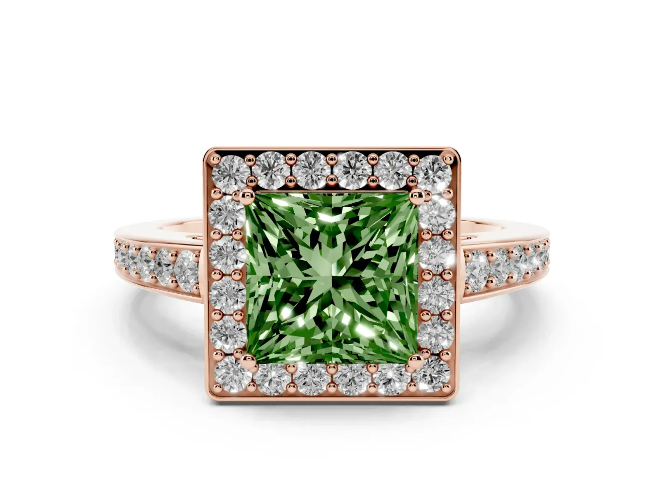 Fancy Green Princess Cut Diamond Halo Pavé Engagement Ring Set in Rose gold with Bezel Setting