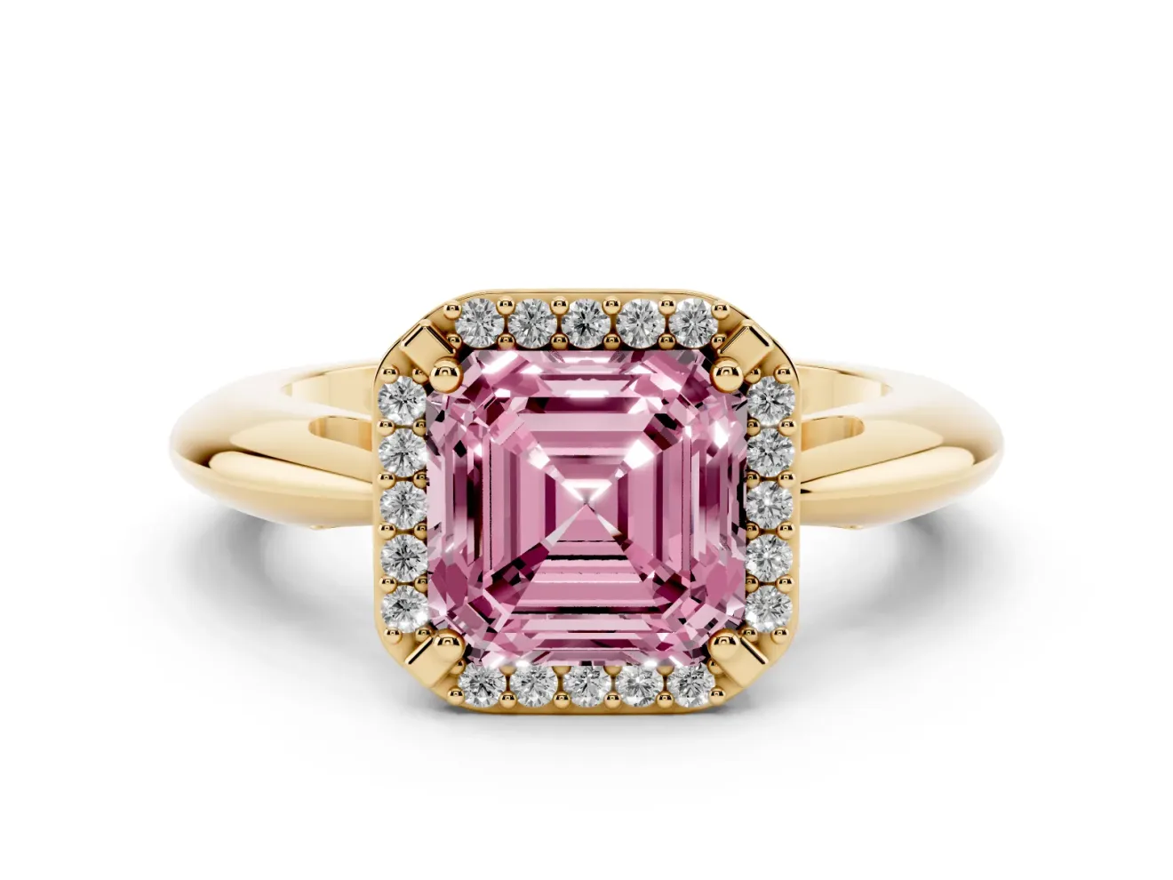Fancy Pink Asscher Cut Diamond Halo Engagement Ring Set in Yellow gold with Plain Split Shank and Prong Setting