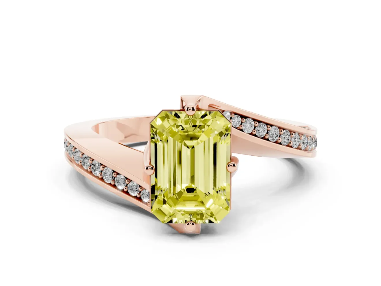 Emerald Cut Bypass Pavé Solitaire Engagement Ring Setting for a Fancy Yellow Lab-Grown Diamond | Angled Head | Rose Gold