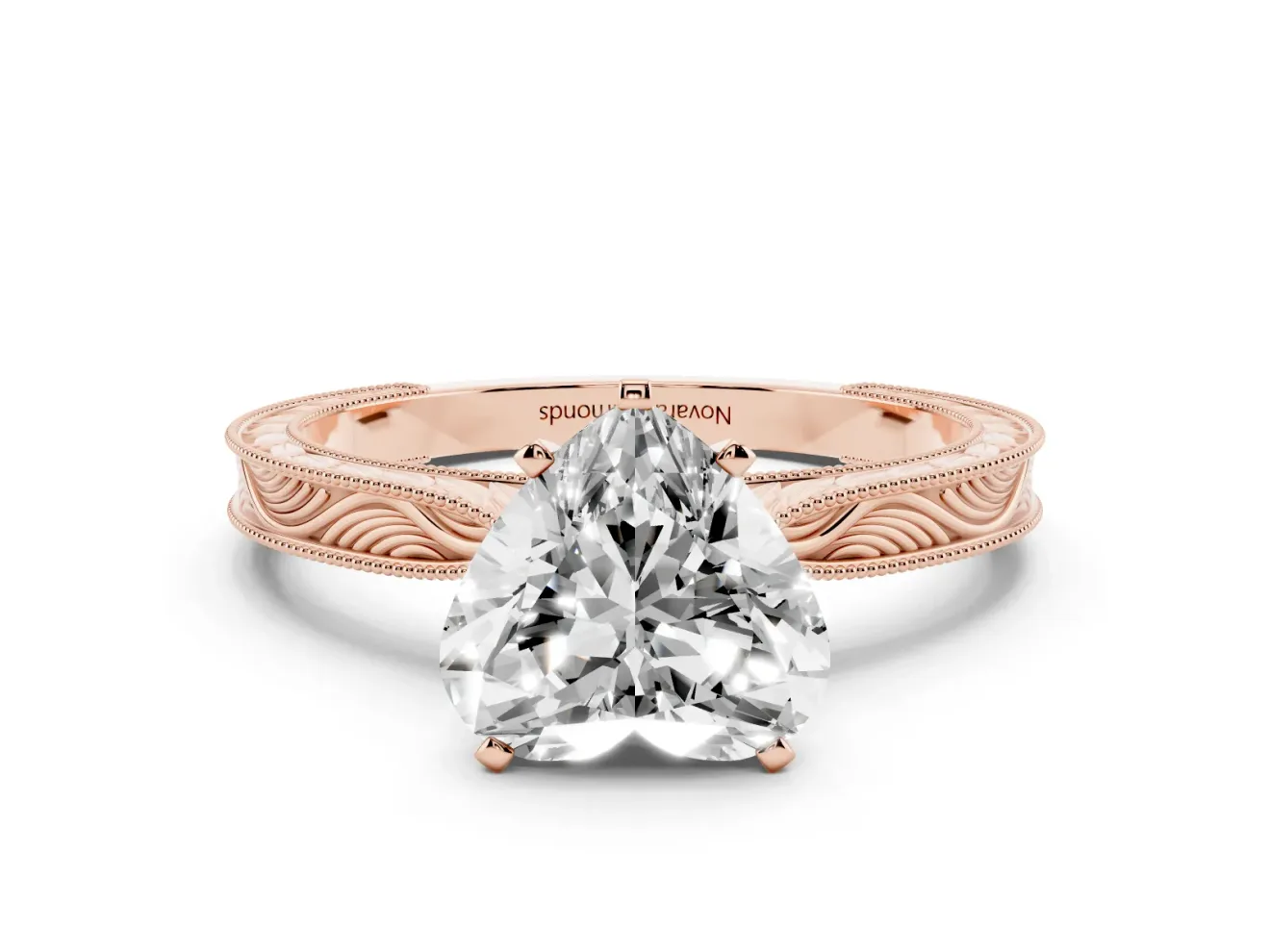 Heart Cut Diamond Solitaire Milgrain Engraved Band Set in Rose gold with Prong Setting