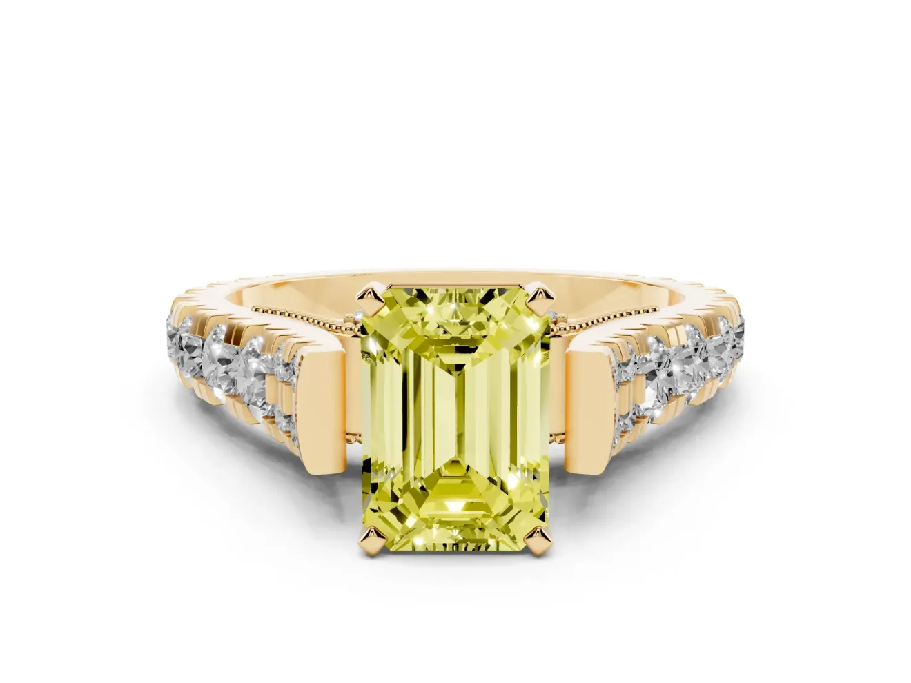 Fancy Yellow Emerald Cut Diamond Classic Solitaire Ring Set in Yellow gold with Pavé Band and Prong Setting