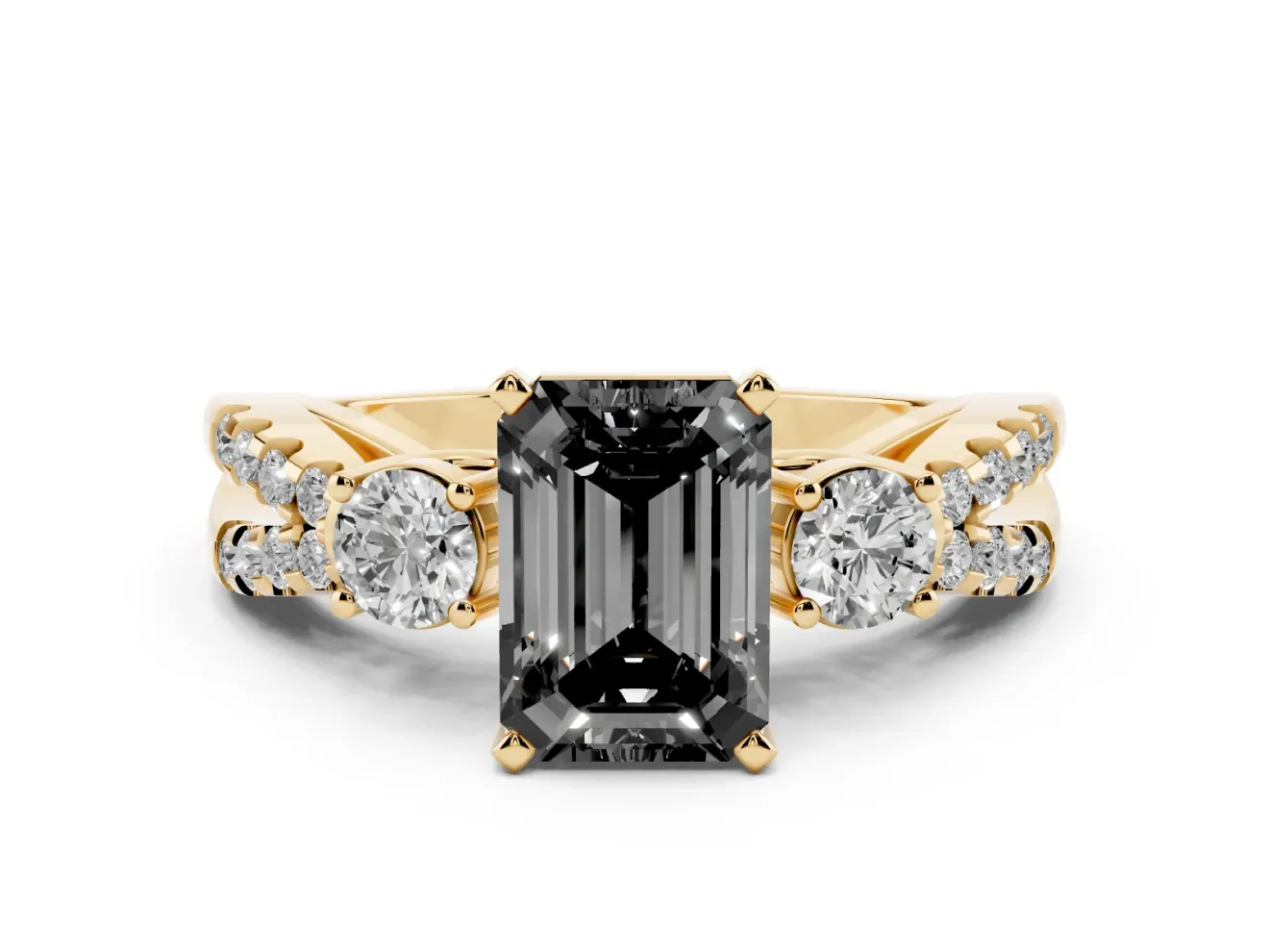 Emerald Cut Three Stone Engagement Ring Setting for a Black Center | Pavé Split Shank | Yellow Gold