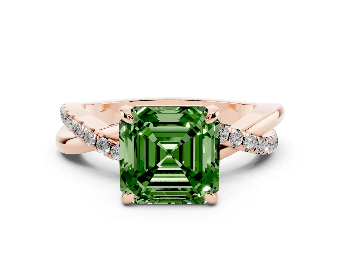 Fancy Green Asscher Cut Diamond Twist Band Solitaire Set in Rose gold with Pavé Accents and Prong Setting