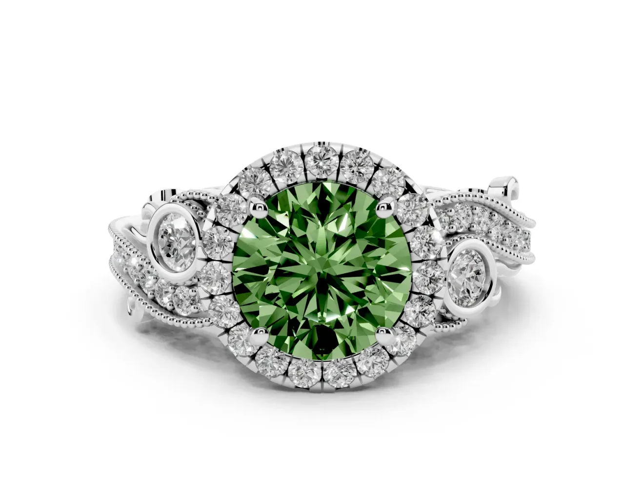 Fancy Green Round Cut Diamond Halo Ring Set in Silver with Milgrain Pavé Band and Prong Setting