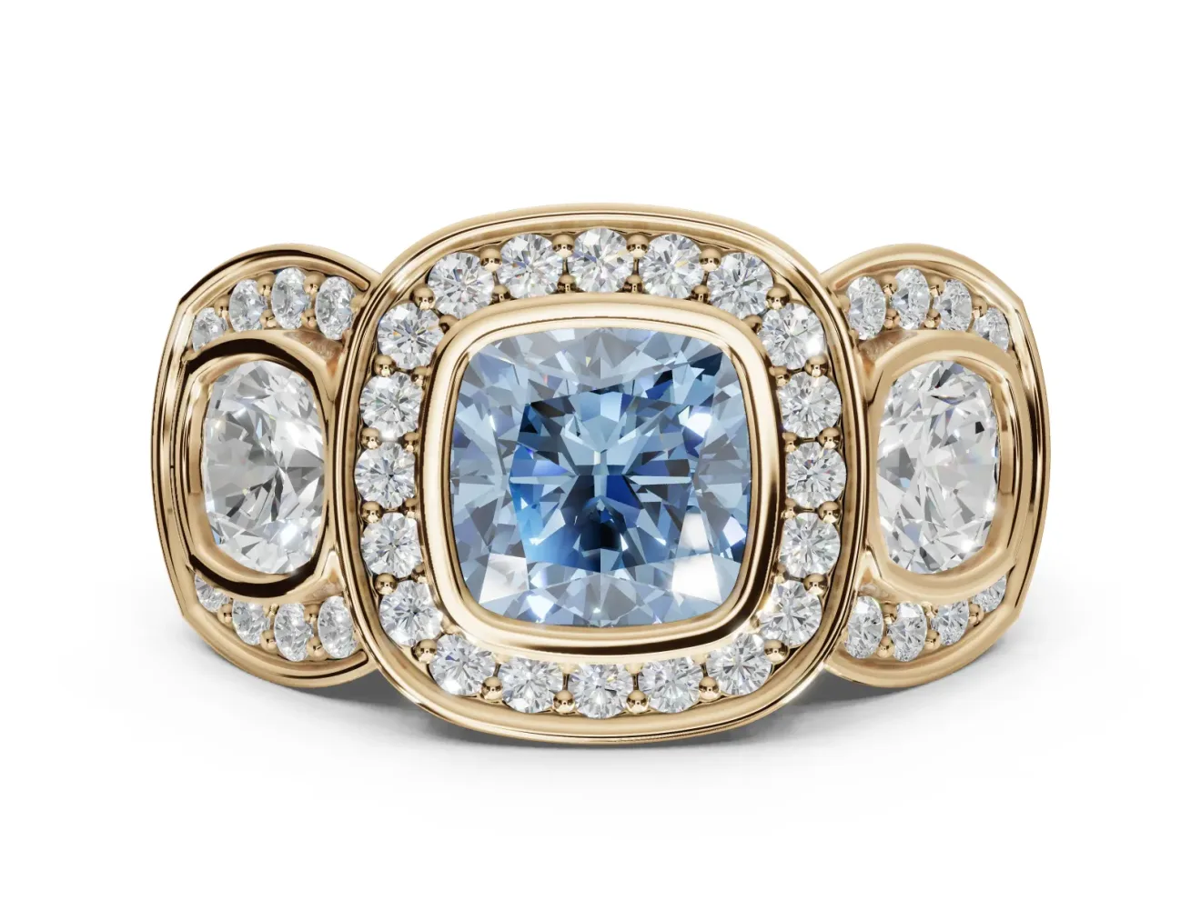Cushion Cut Three Stone Halo Engagement Ring Setting for a Fancy Blue Lab-Grown Diamond | Bezel Set | Yellow Gold