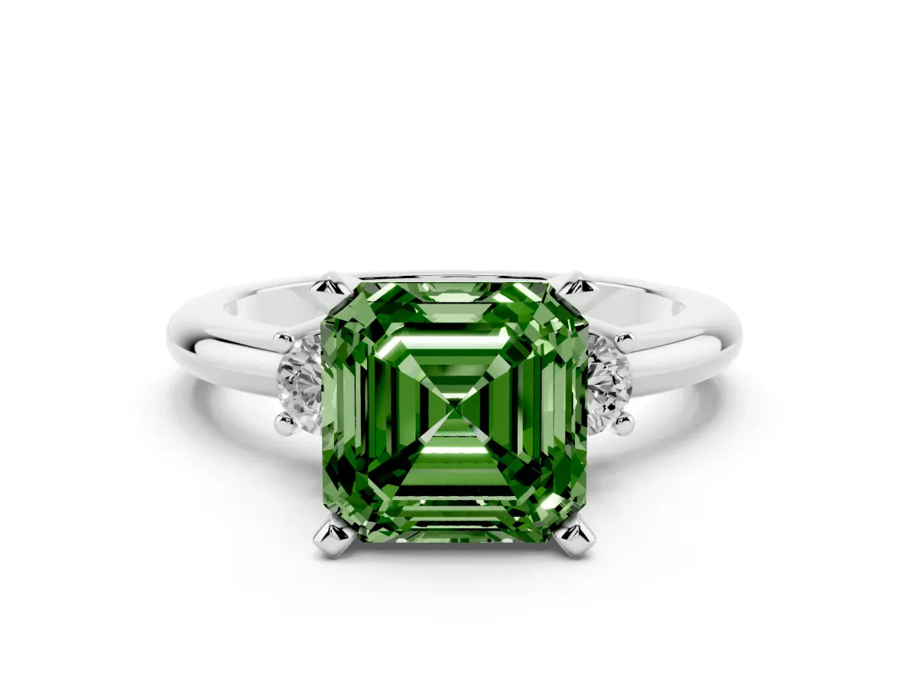 Fancy Green Three-Stone Asscher Cut Diamond Ring Set in White gold with Prong Setting and Plain Band