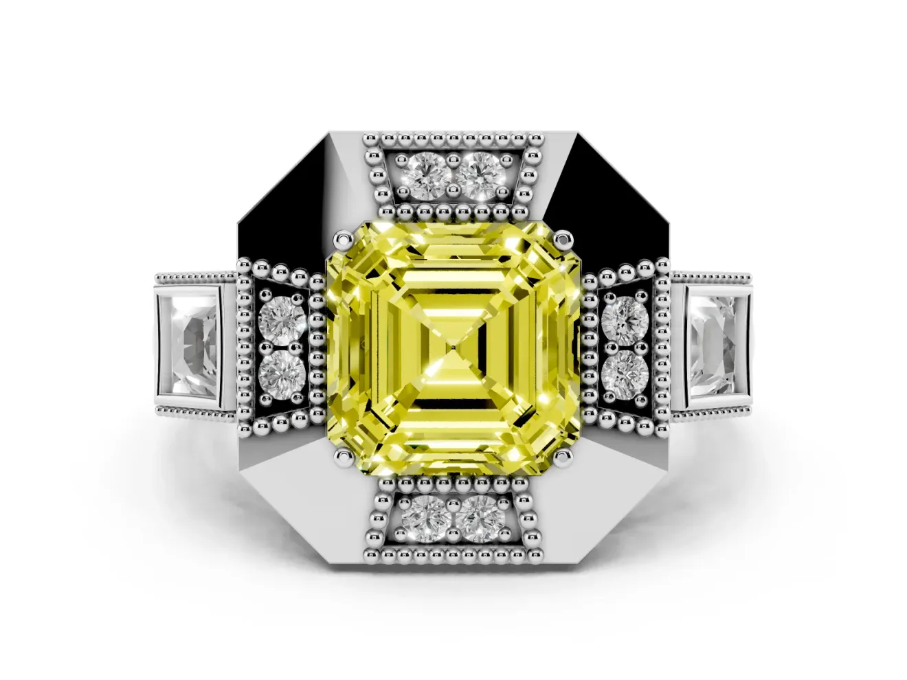 Fancy Yellow Asscher Cut Diamond Milgrain Halo Ring Set in White gold with Split Shank