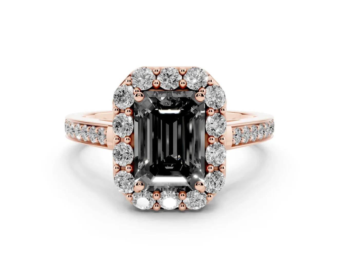Fancy Black Emerald Cut Diamond Floral Halo Ring Set in Rose gold with Pavé Band and Prong Setting
