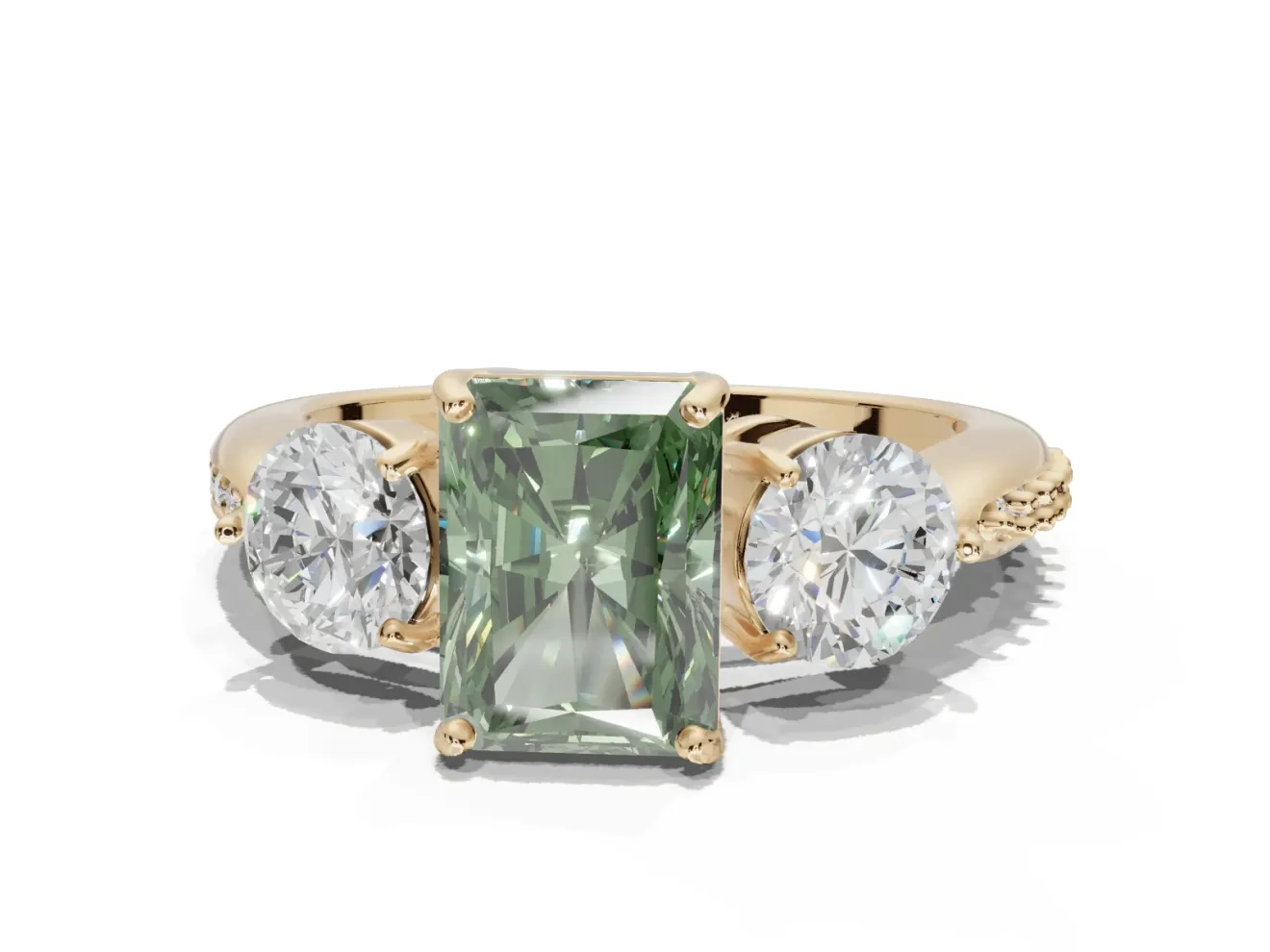 Radiant Cut Three Stone Engagement Ring Setting for a Fancy Green Lab-Grown Diamond | Tapered Pave Band | Yellow Gold