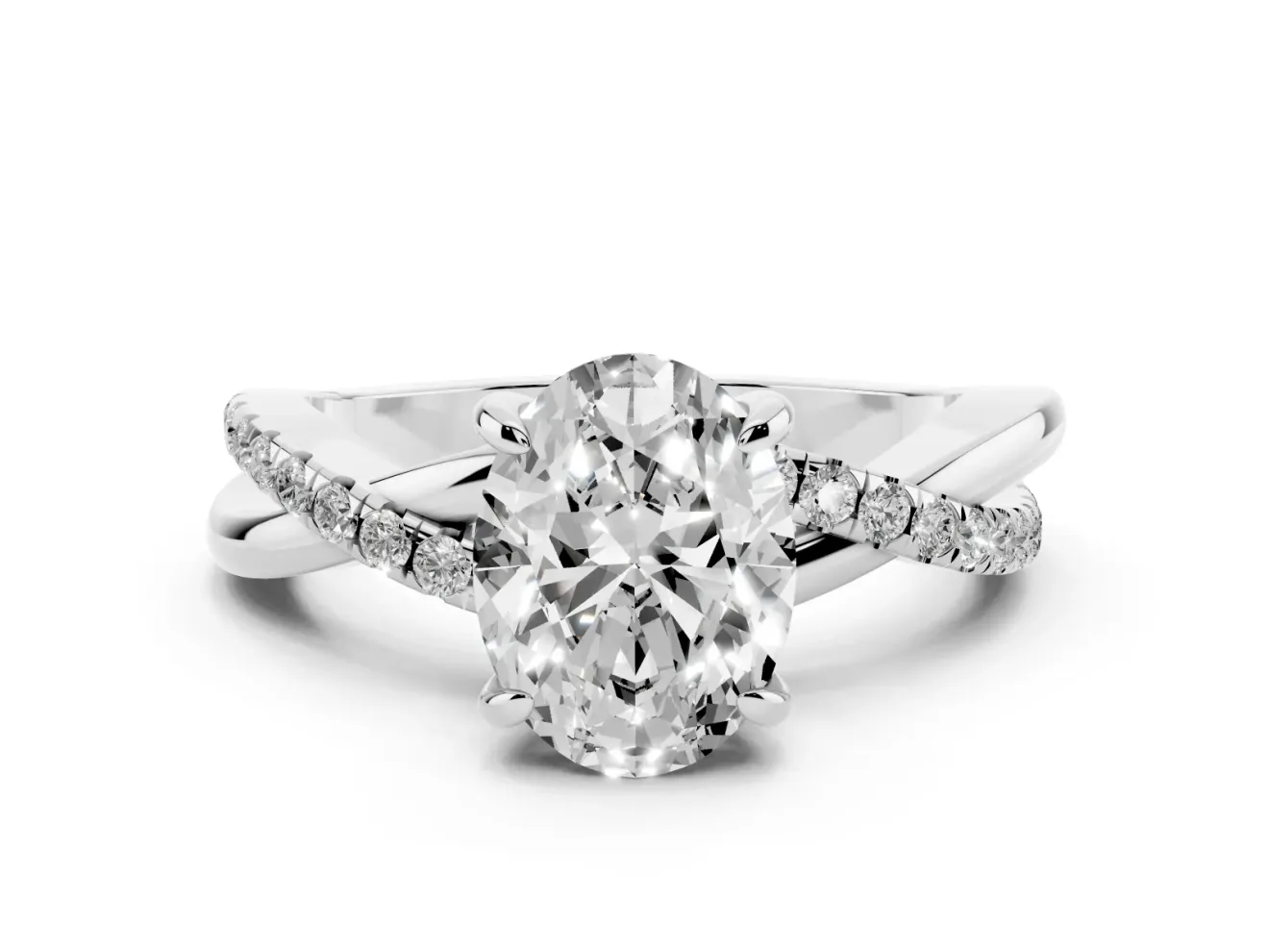 Oval Cut Diamond Twist Band Solitaire Set in Silver with Pavé Accents and Prong Setting