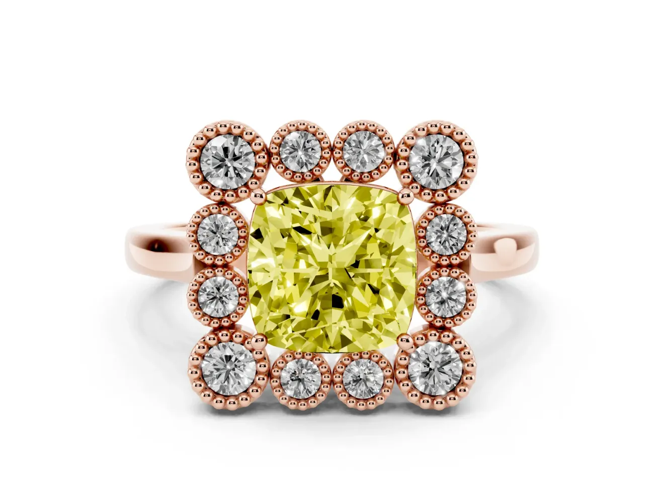 Cushion Cut Milgrain Cluster Halo Engagement Ring Setting for a Fancy Yellow Lab-Grown Diamond | Plain Band | Rose Gold