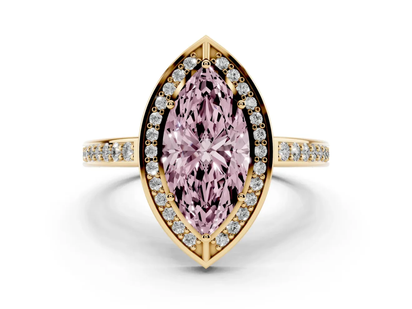 Fancy Pink Marquise Cut Diamond Halo Pavé Split Shank Ring Set in Yellow gold with Prong Setting