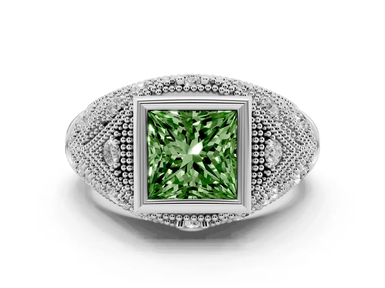 Fancy Green Princess Cut Diamond Bezel Ring Set in Platinum with Milgrain Accent Band