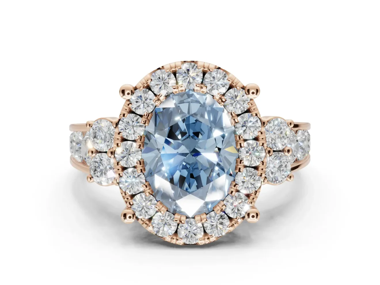 Oval Halo Engagement Ring Setting for a Fancy Blue Lab-Grown Diamond | Side Clusters | Rose Gold