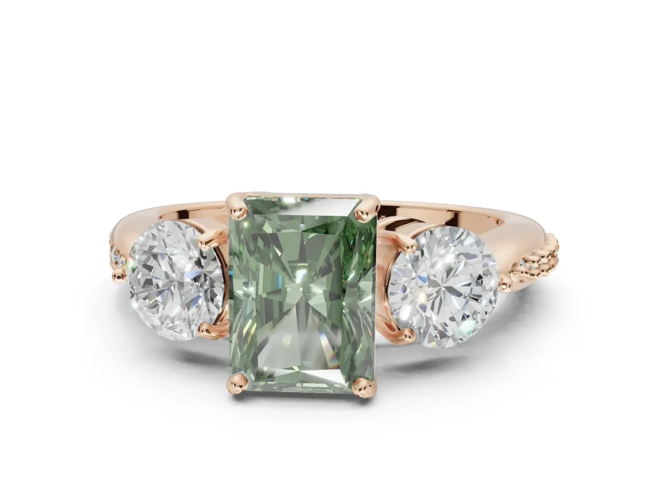 Radiant Cut Three Stone Engagement Ring Setting for a Fancy Green Lab-Grown Diamond | Tapered Pave Band | Rose Gold