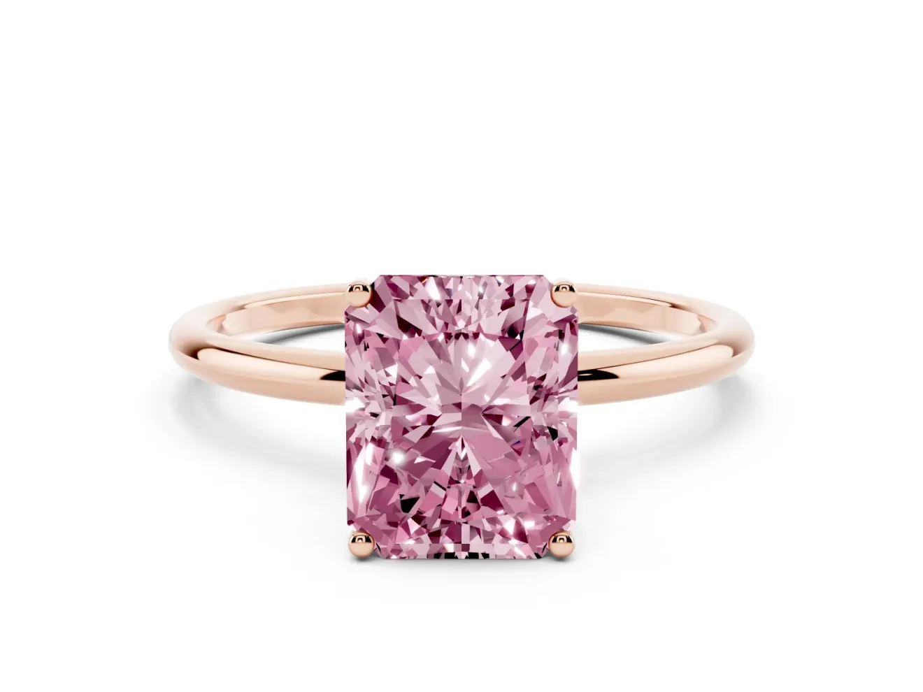 Fancy Pink Radiant Cut Diamond Solitaire Engagement Ring Set in Rose gold with Thin Band and Prong Setting