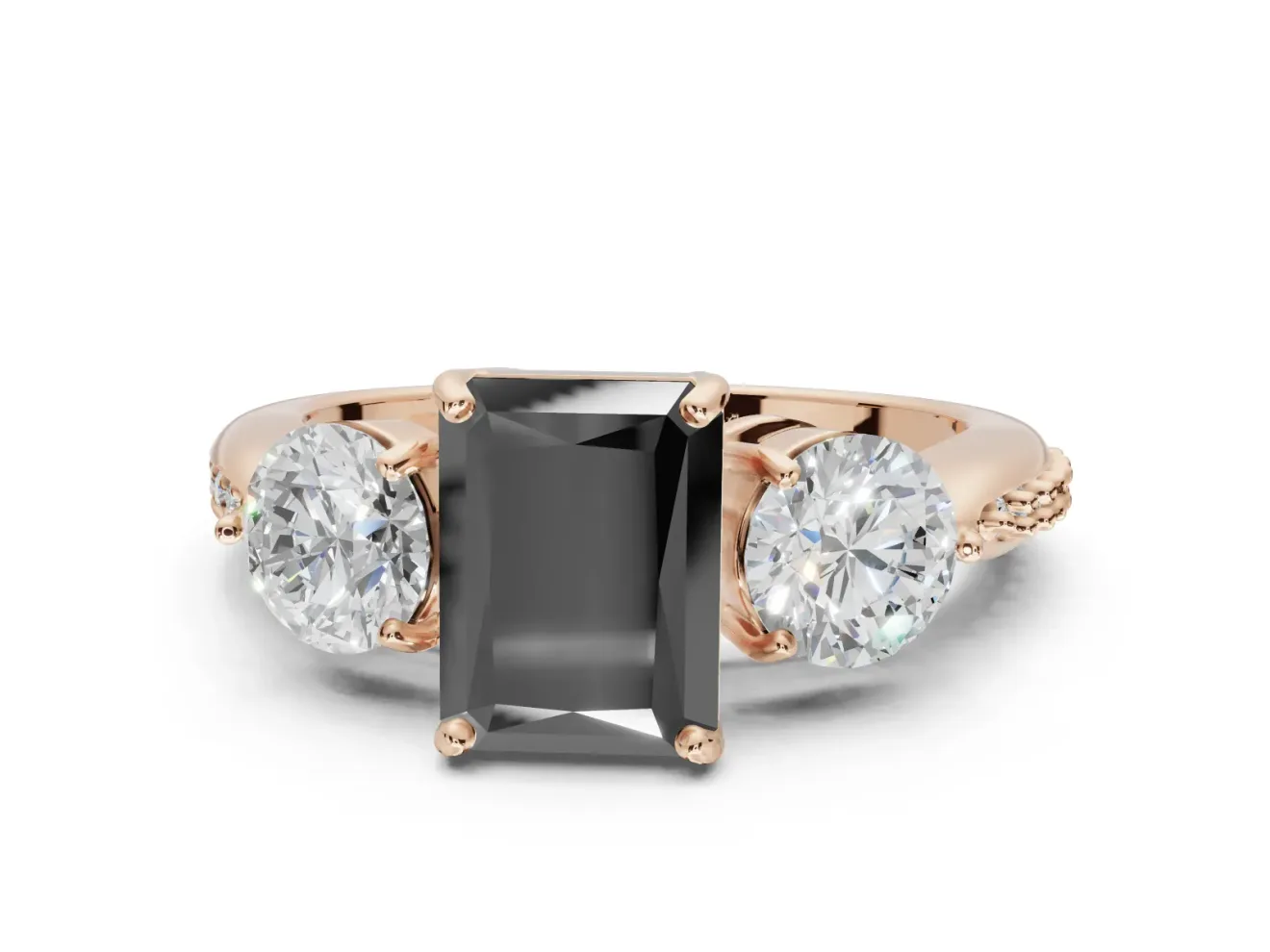 Radiant Cut Three Stone Engagement Ring Setting for a Black Center | Tapered Pavé Band | Rose Gold