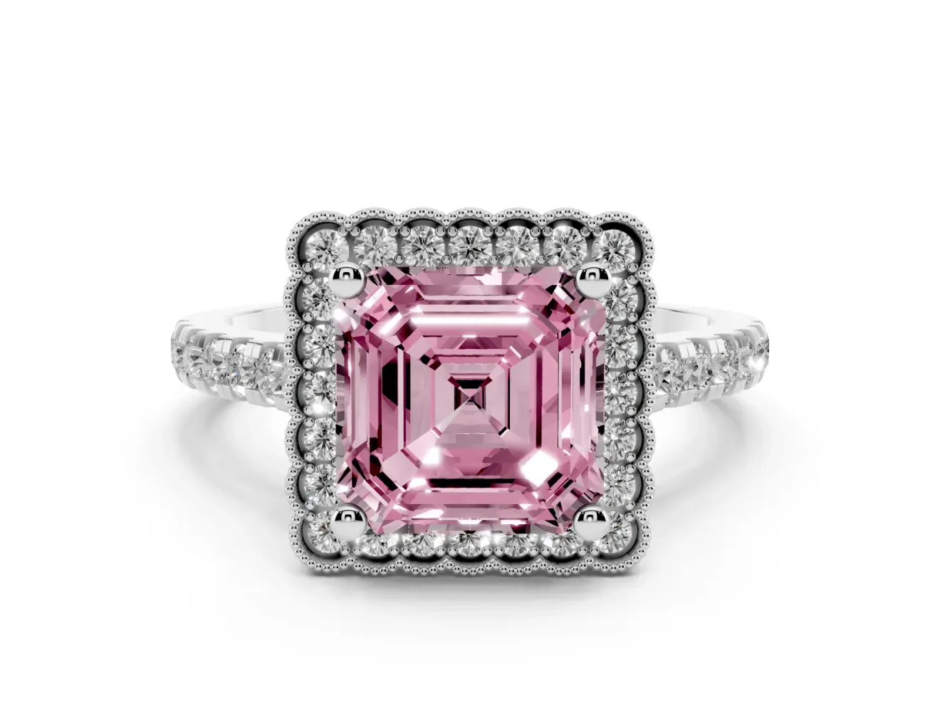 Fancy Pink Asscher Cut Diamond Milgrain Floral Halo Engagement Ring Set in Platinum with Pavé Band