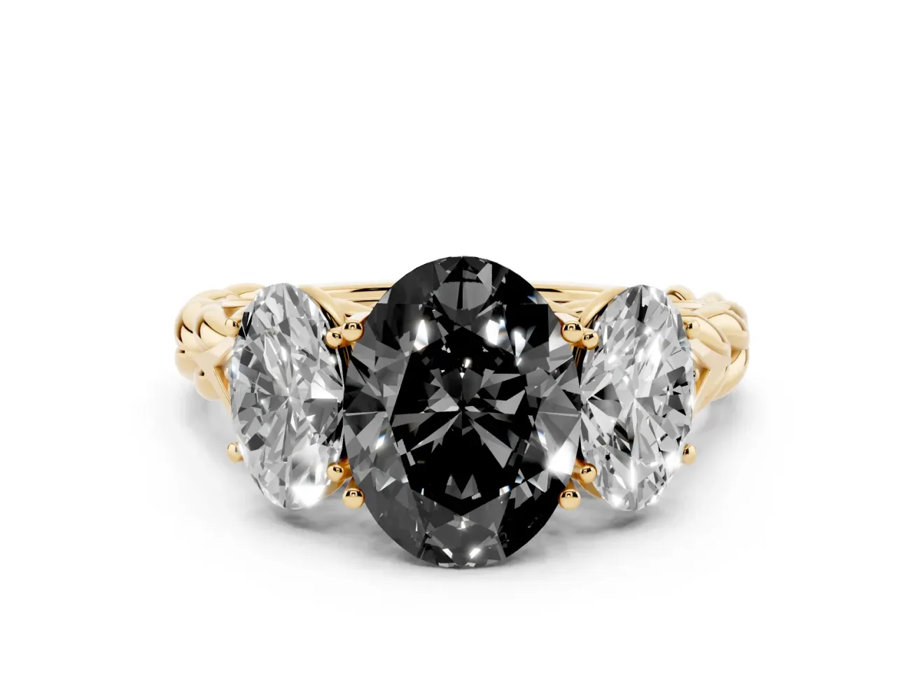 Fancy Black Oval Cut Diamond Three-Stone Ring Set in Yellow gold with Braided Band