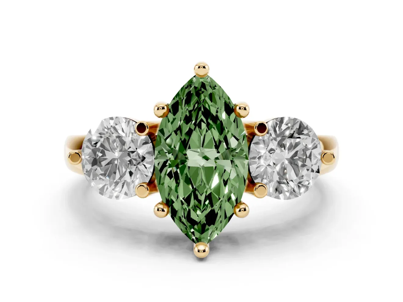 Fancy Green Marquise Cut Diamond Three-Stone Ring Set in Yellow gold with Prong Setting and Classic Band