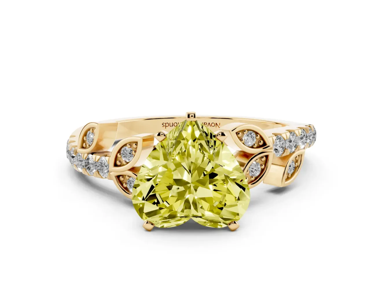 Fancy Yellow Heart Cut Diamond Solitaire Leaf-Inspired Ring Set in Yellow gold with Pavé Band and Prong Setting