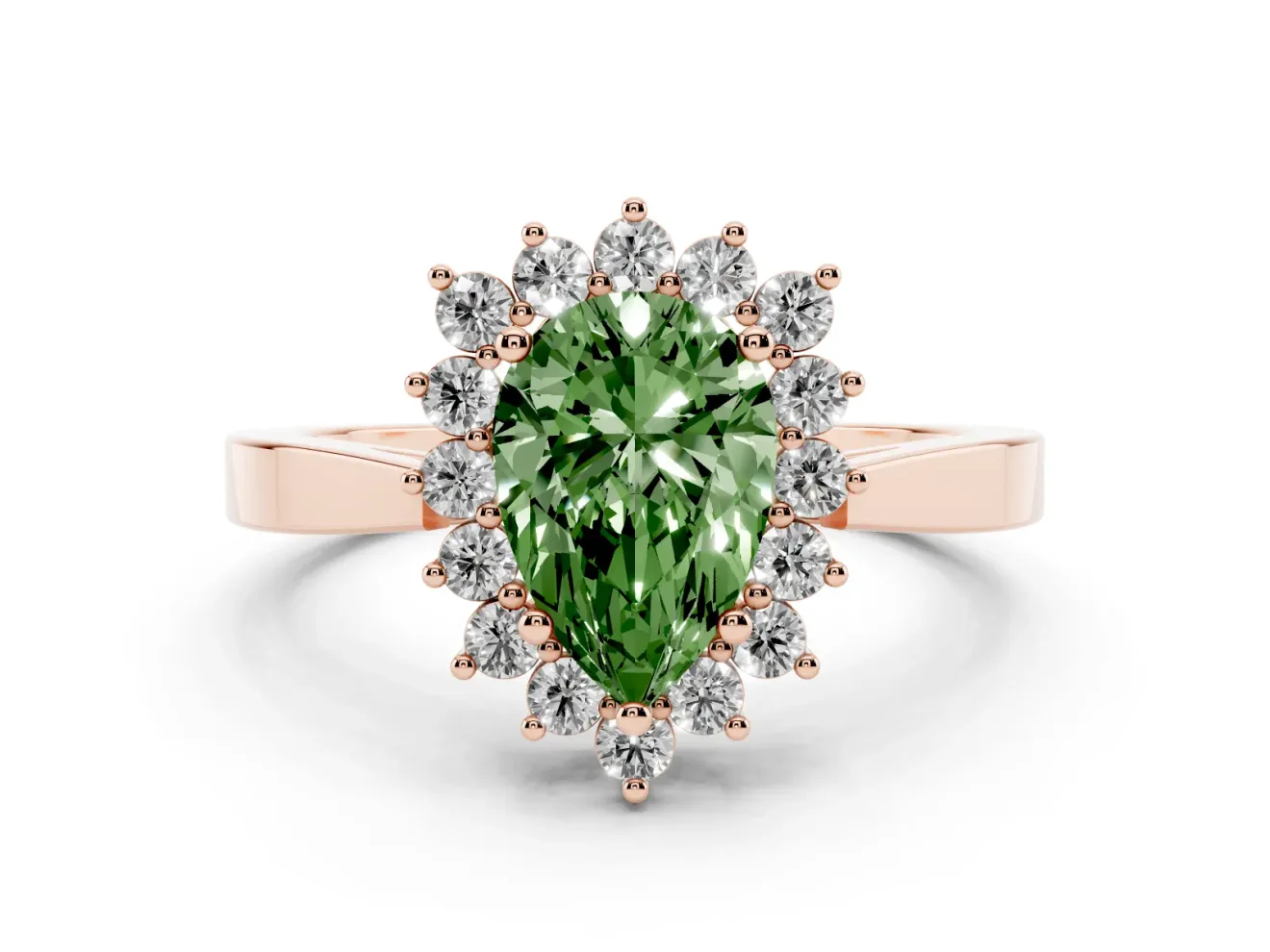 Fancy Green Pear Cut Diamond Halo Ring Set in Rose gold with Round Halo and Smooth Solitaire Band