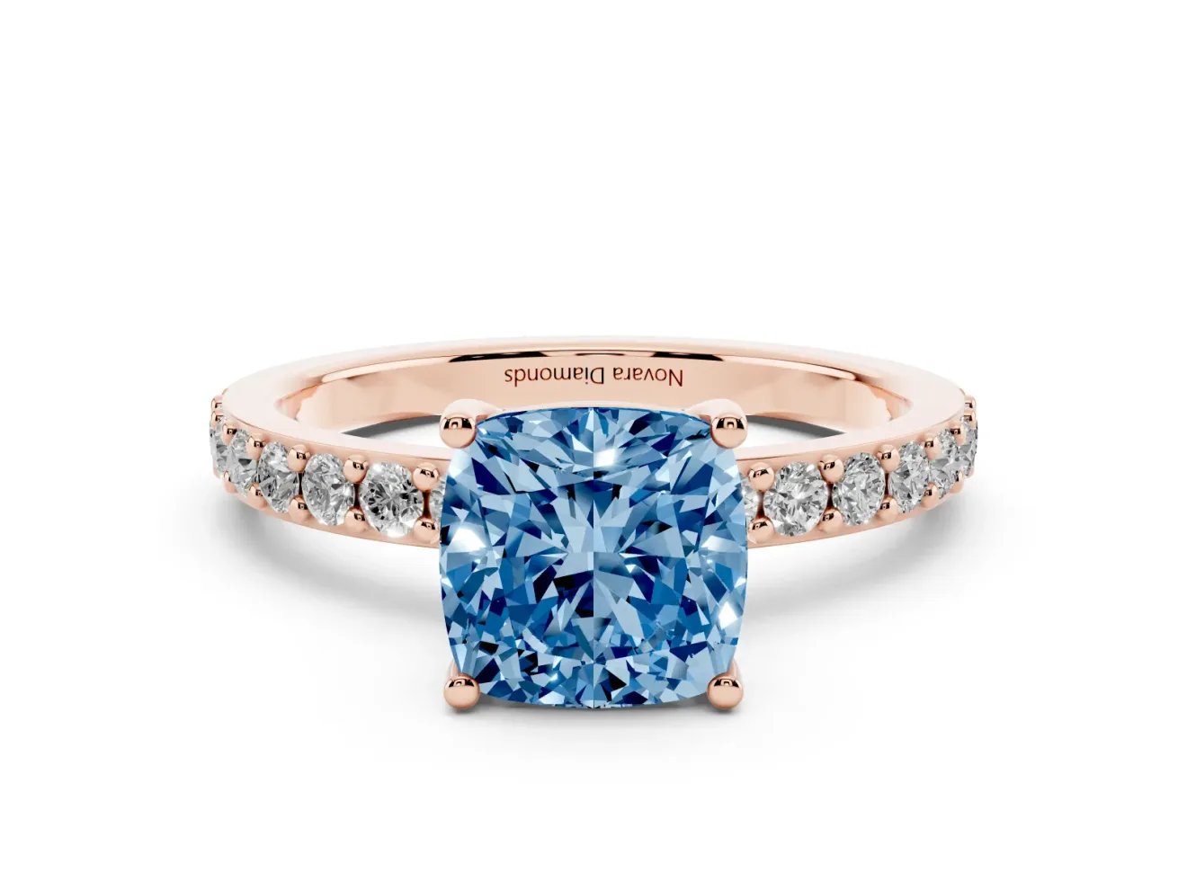 Fancy Blue Cushion Cut Diamond Solitaire Set in Rose gold with Round Pavé Band and Prong Setting