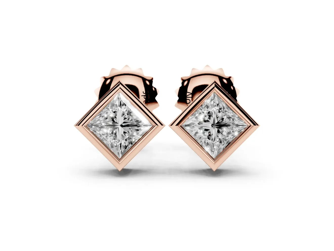 Princess Cut Lab-Grown Diamond Square Bezel Stud Earrings | Stepped Rim | Rose Gold