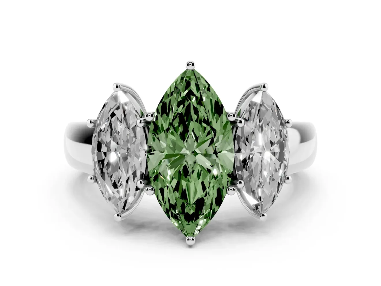 Fancy Green Three-Stone Marquise Cut Diamond Ring Set in Silver with Matching Prong Settings and Plain Band