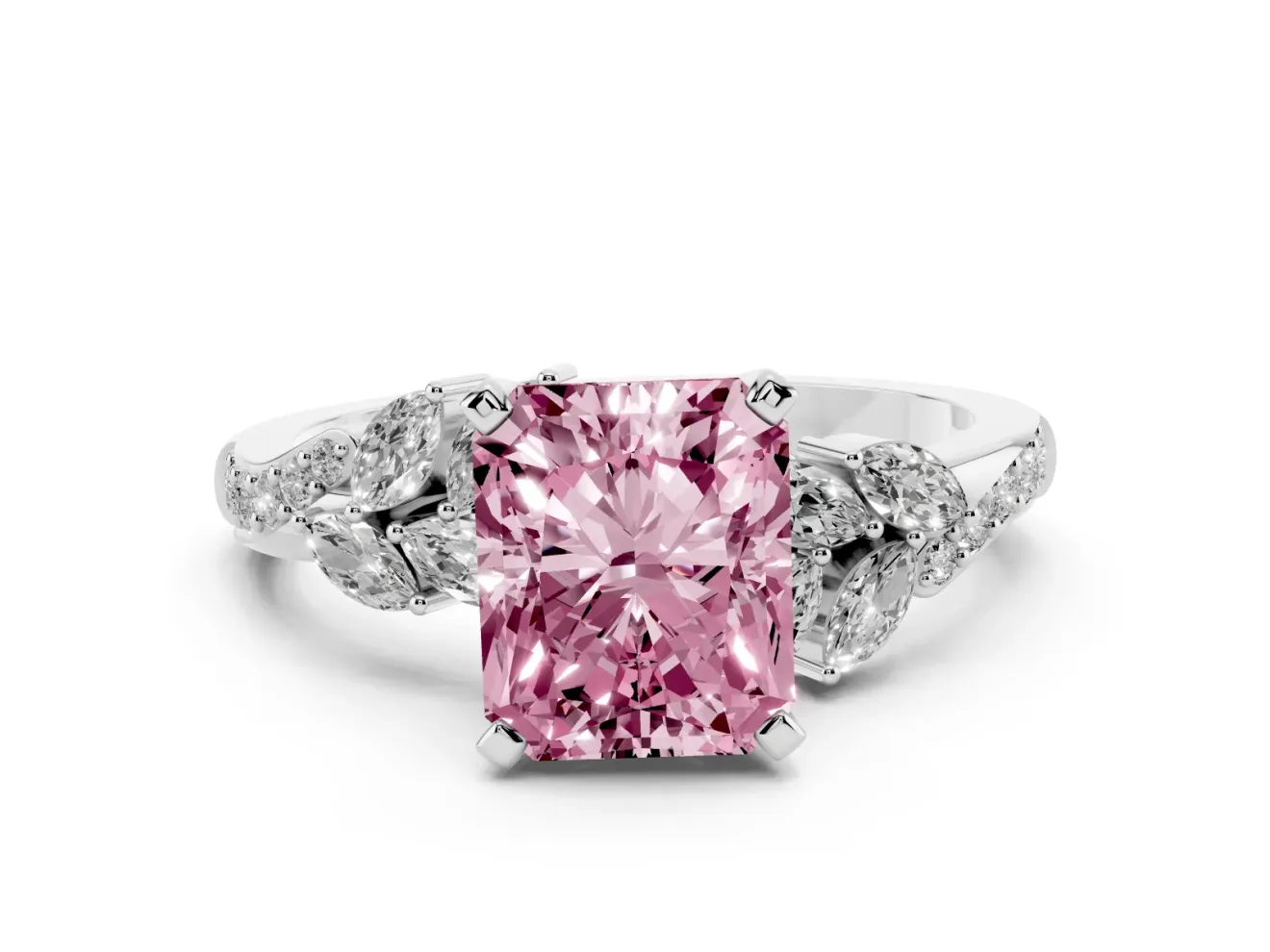 Fancy Pink Radiant Cut Diamond Solitaire Ring Set in Platinum with Marquise Twist Band and Prong Setting