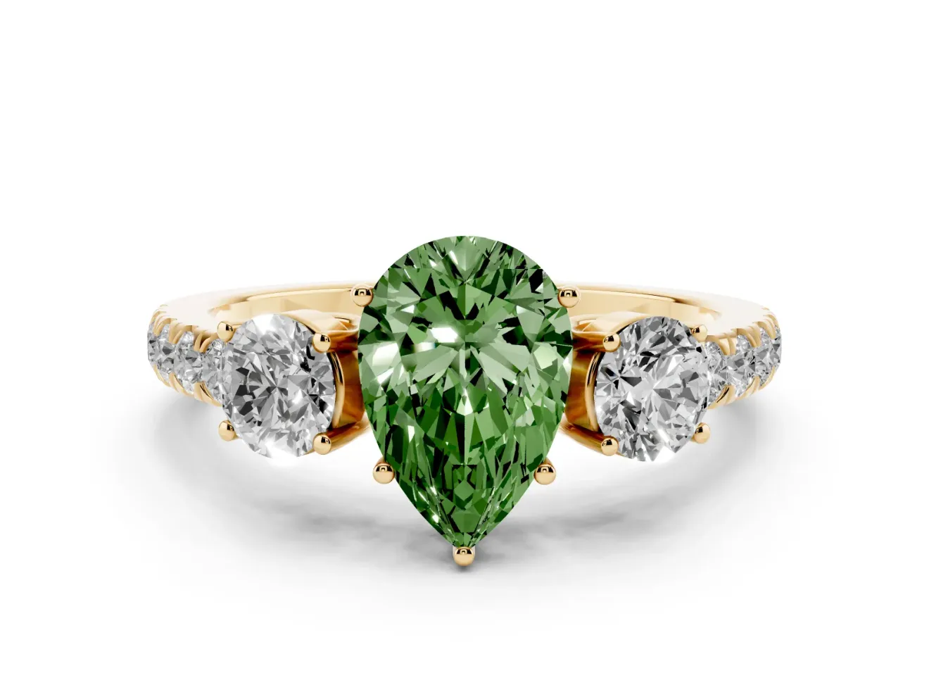 Pear-Shaped Engagement Ring Setting for a Fancy Green Lab-Grown Diamond | Three Stone | Yellow Gold