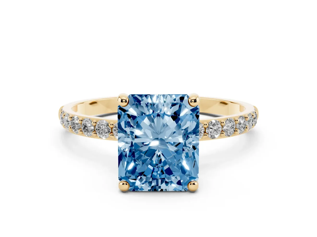 Radiant Cut Pave Solitaire Engagement Ring Setting for a Fancy Blue Lab-Grown Diamond | Pave Shoulders | Yellow Gold